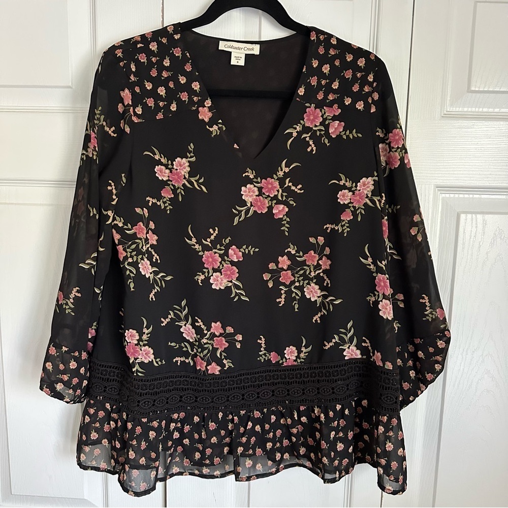 Coldwater Creek Womens Black Floral Crochet Detail Top Sz S Cottagecore Boho